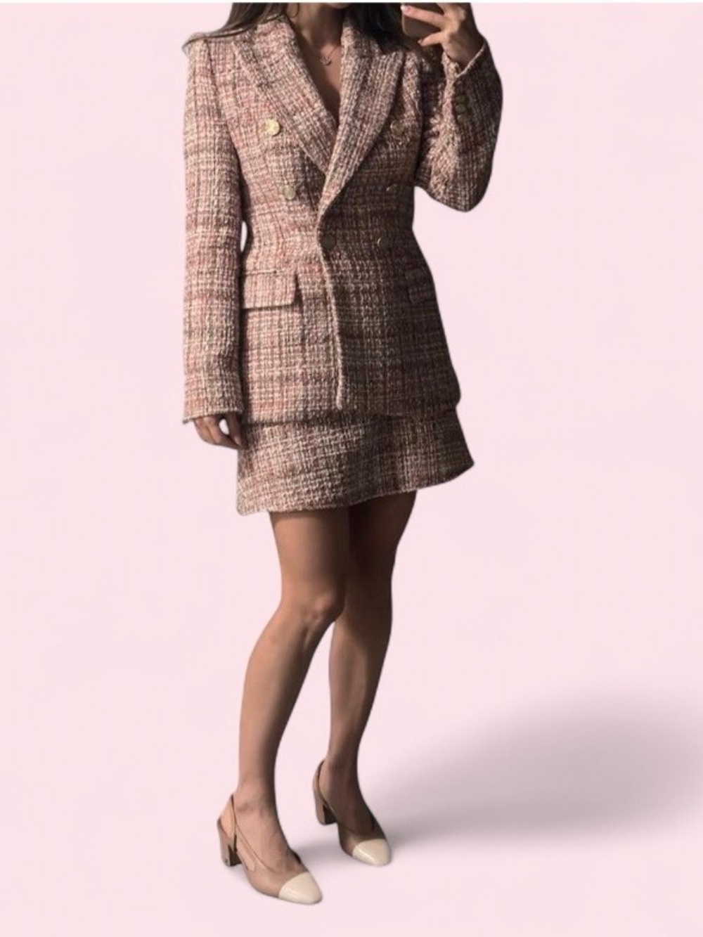 Zara Pink Tweed Double-Breasted Blazer Jacket with Gold Buttons and Tweed Skirt